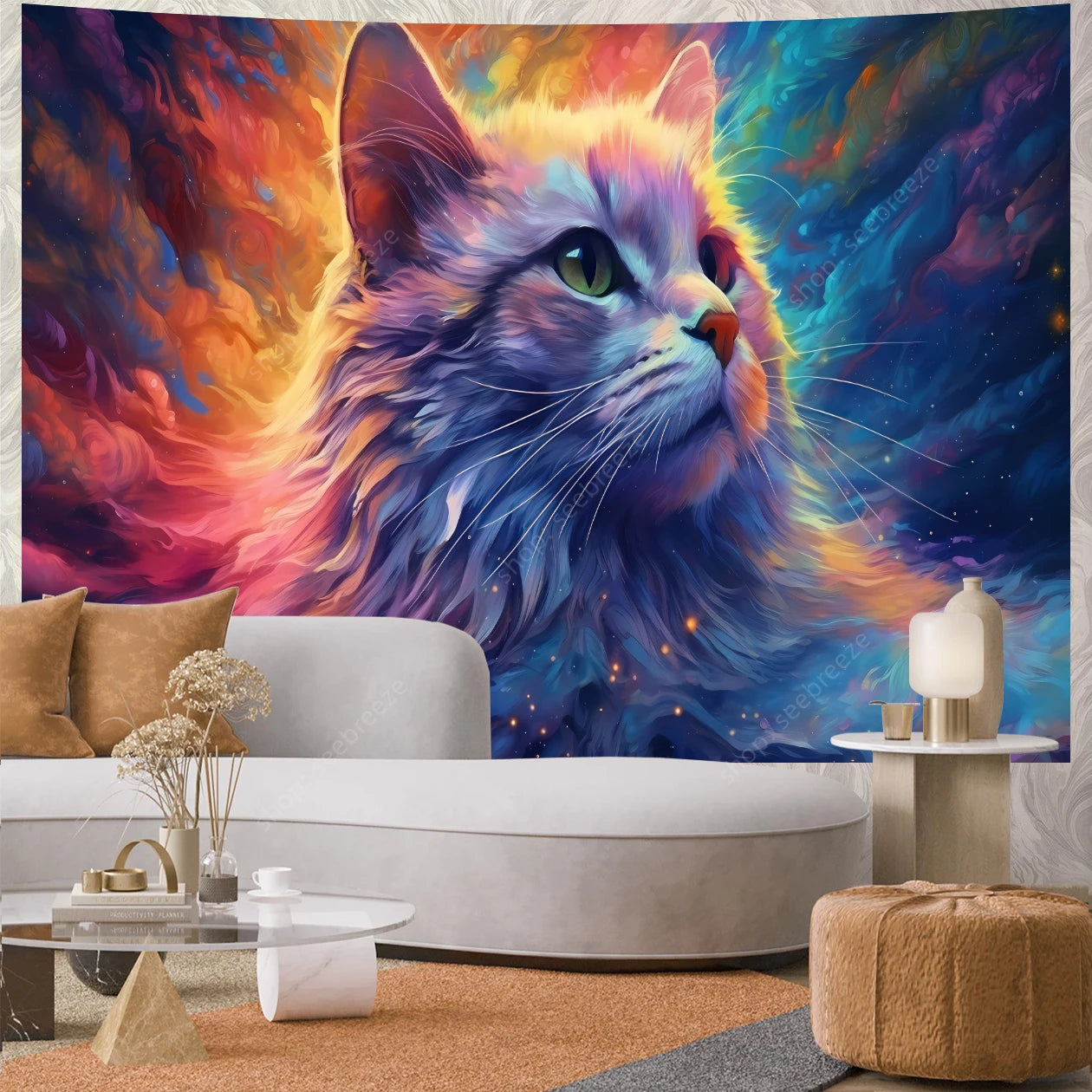 Psychedelic Cute Cat UV Reactive tapestry