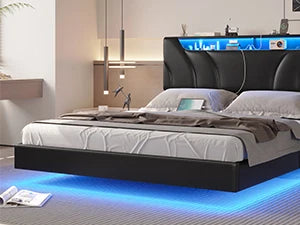 Floating LED bedframe with Storage and Charging Station