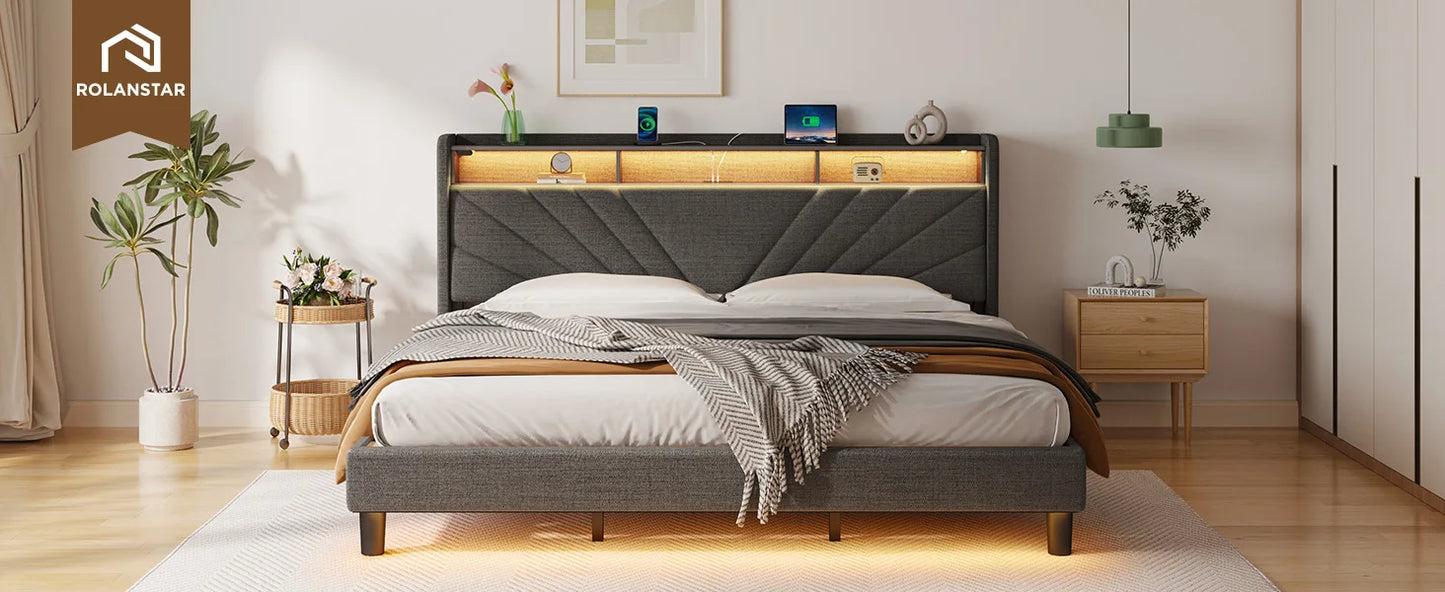 Bedframe with Storage Headboard and Upholstered with Heavy Duty Wood Slats
