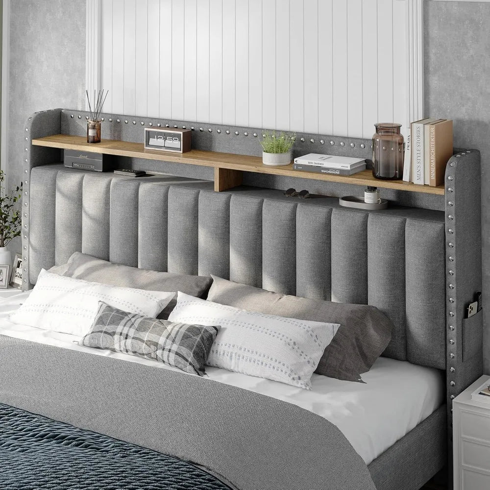 Cushion upholstered Bed Frame with 2 Drawer Storage