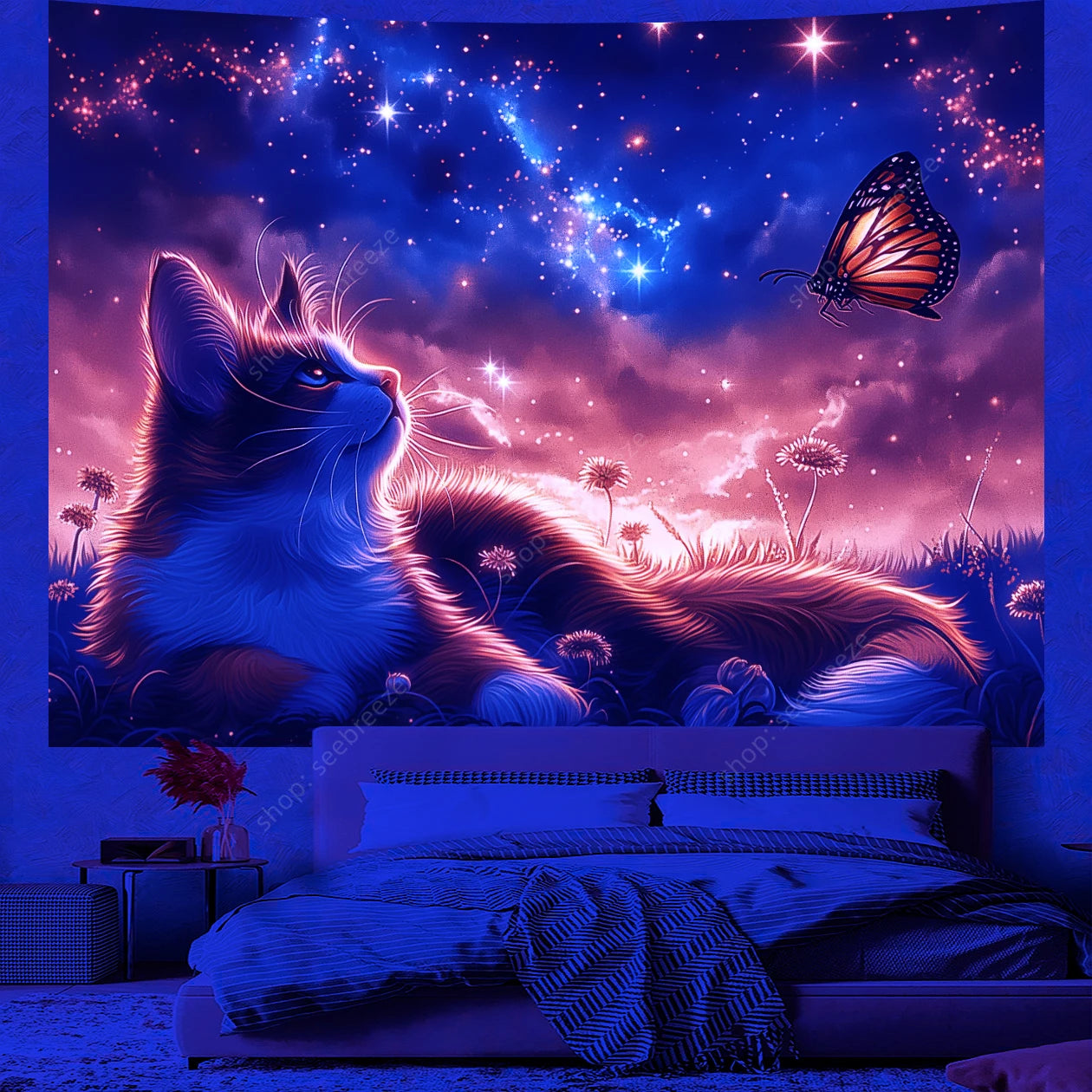 Psychedelic Cute Cat UV Reactive tapestry