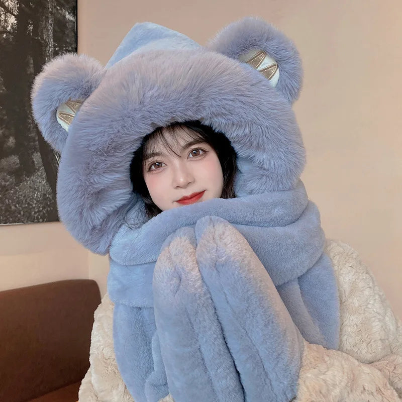 Super Thick Warm Plushie Bear Hooded Scarf