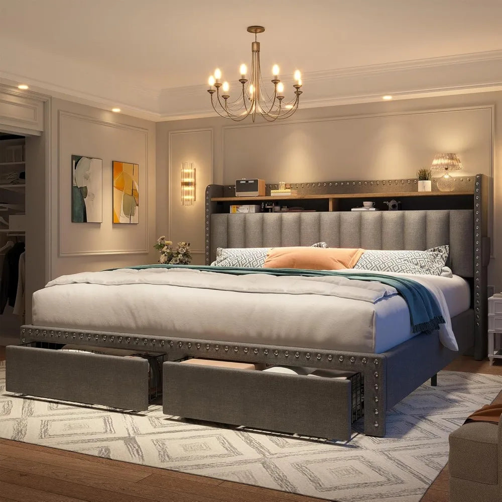 Cushion upholstered Bed Frame with 2 Drawer Storage