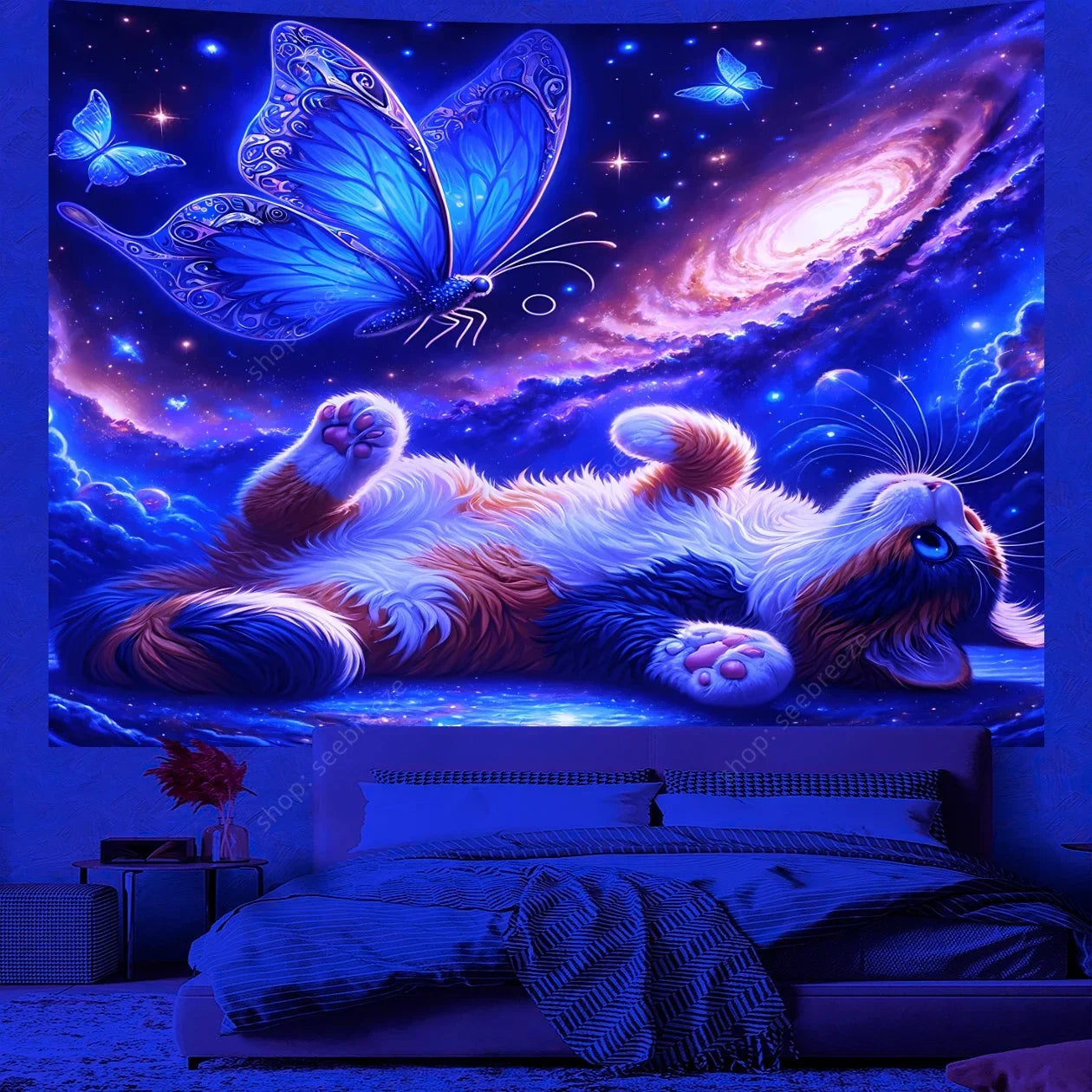 Psychedelic Cute Cat UV Reactive tapestry