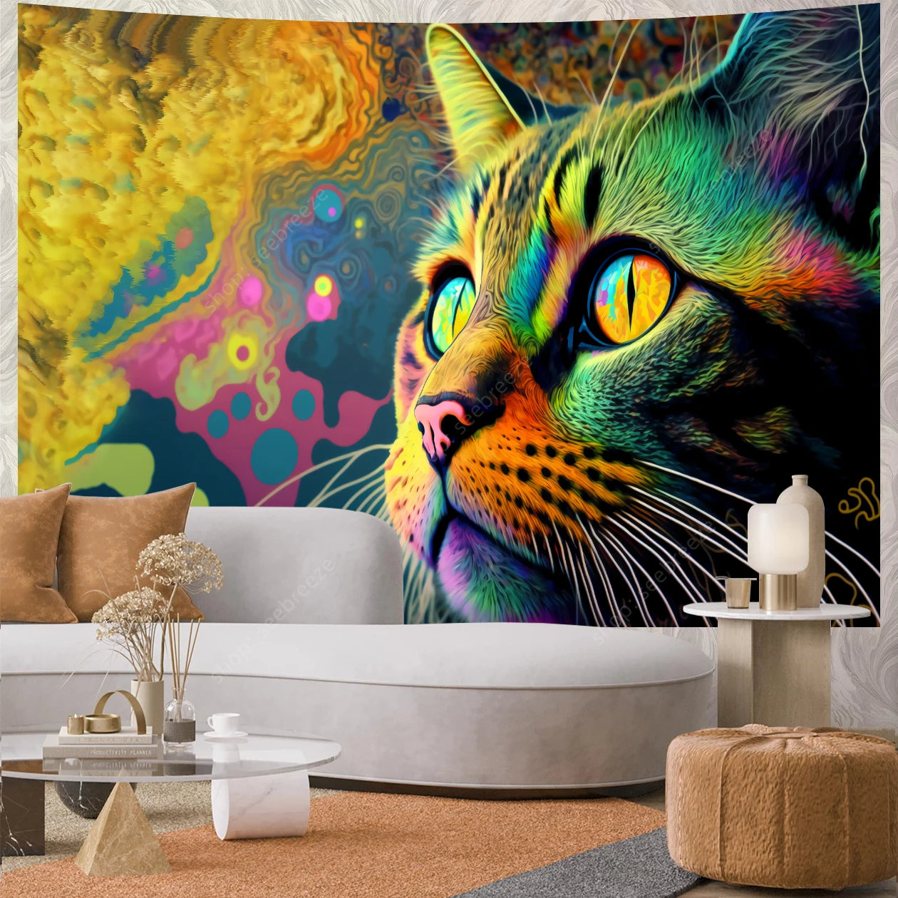 Psychedelic Cute Cat UV Reactive tapestry