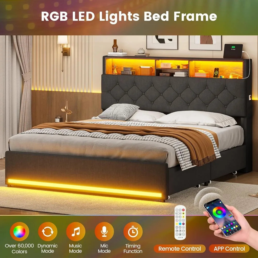 Bed Frame with Storage Headboard & 4 Drawers