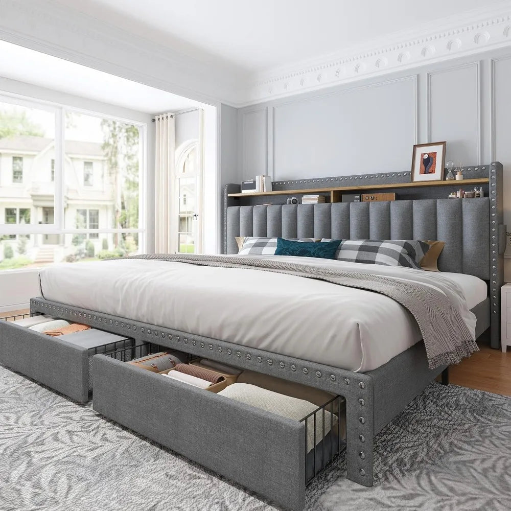 Cushion upholstered Bed Frame with 2 Drawer Storage
