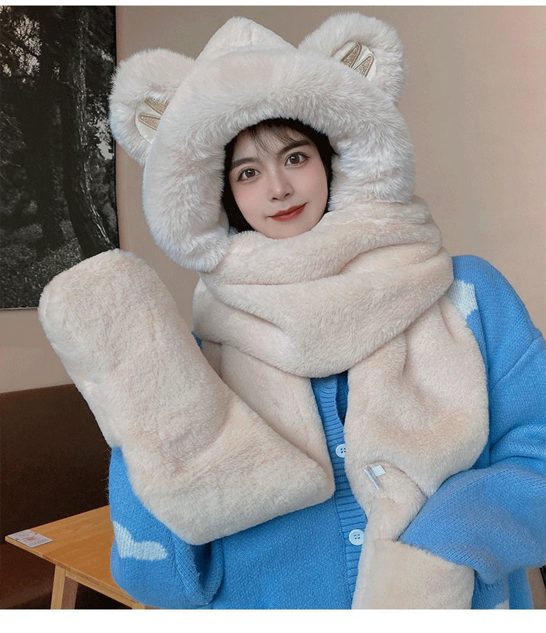 Super Thick Warm Plushie Bear Hooded Scarf