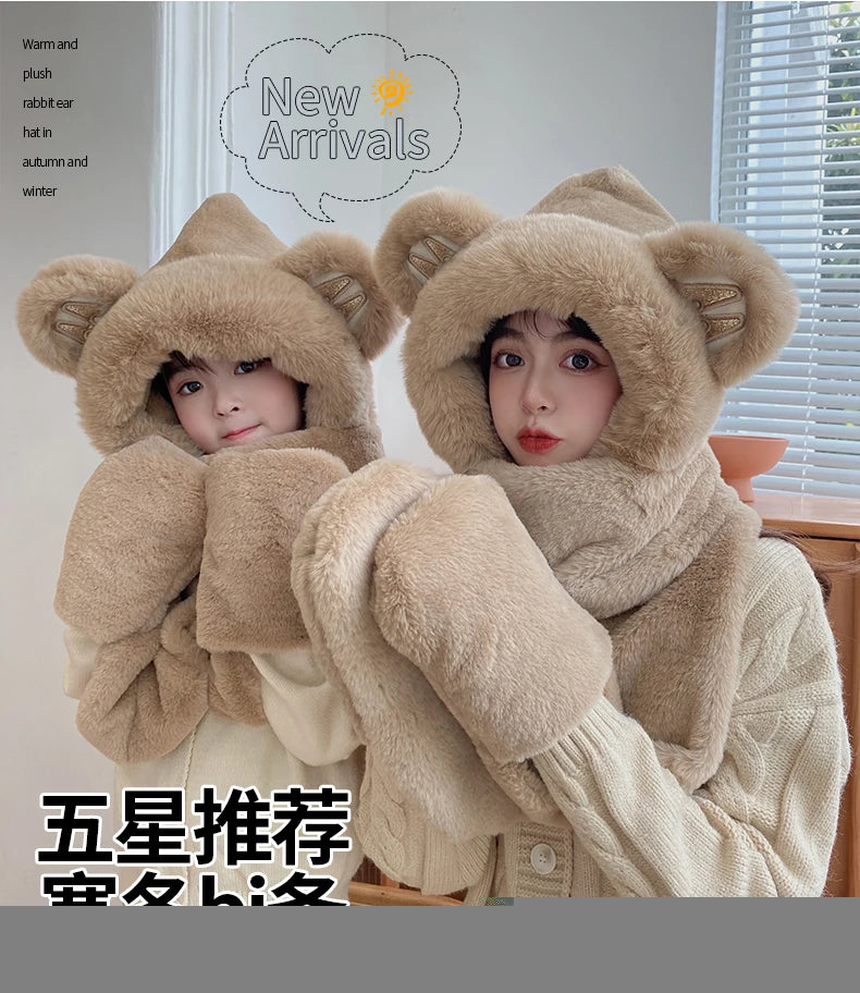 Super Thick Warm Plushie Bear Hooded Scarf