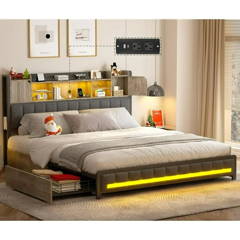 Bed Frame, with 4 Storage Drawers and Bookcase Headboard