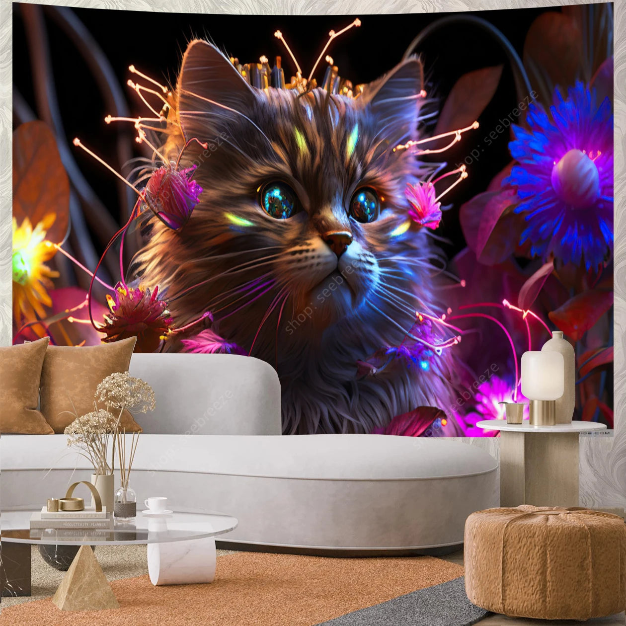 Psychedelic Cute Cat UV Reactive tapestry