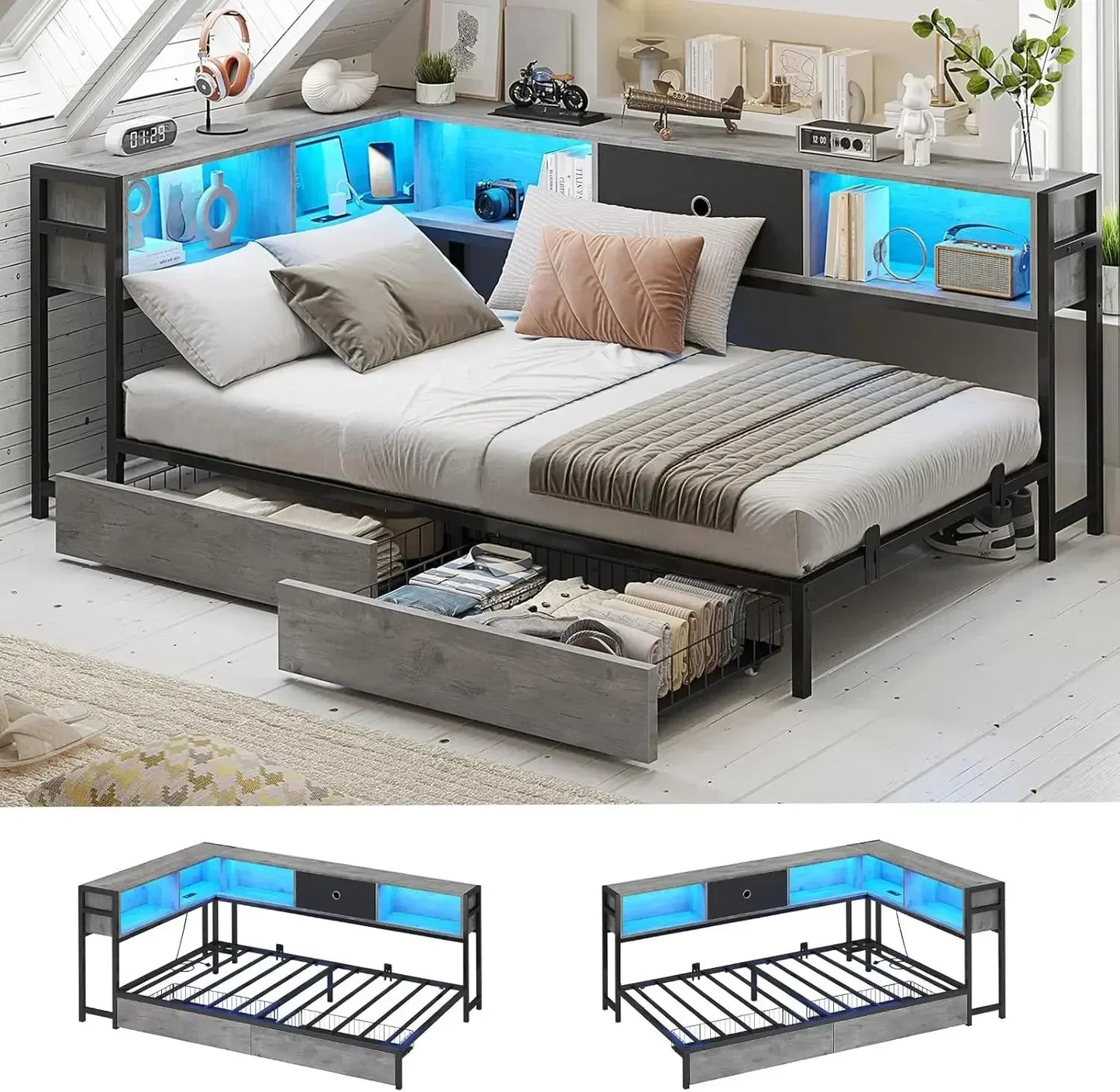 Corner Bed Frame with Bookcase and 2 Underbed Storage Drawers