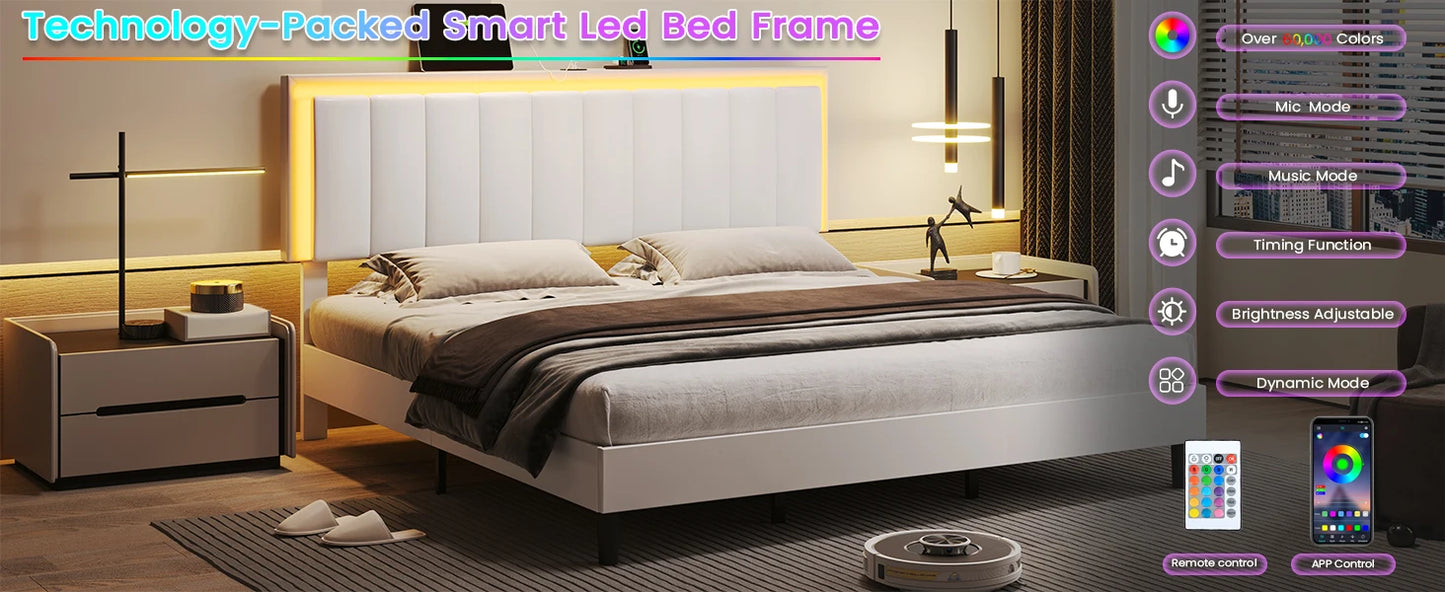 Bed Frame with Led Lights, USB Ports and Adjustable Headboard