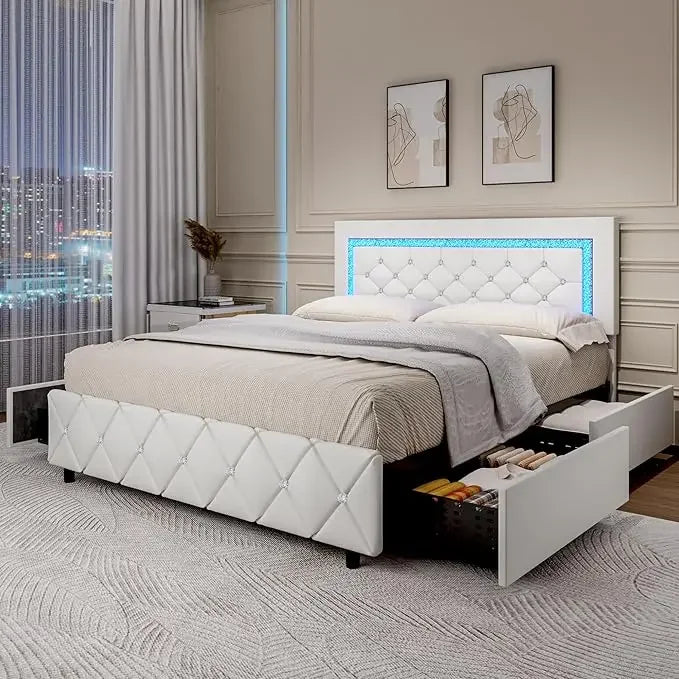 Princess style Bed Frame with Diamond Headboard and Storage