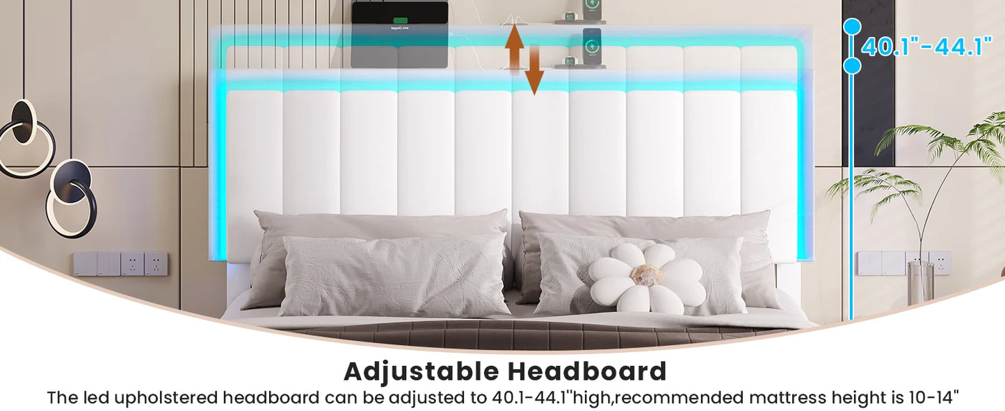 Bed Frame with Led Lights, USB Ports and Adjustable Headboard
