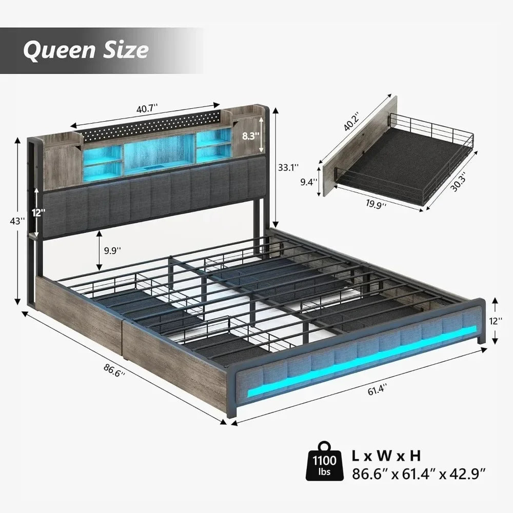 Bed Frame, with 4 Storage Drawers and Bookcase Headboard
