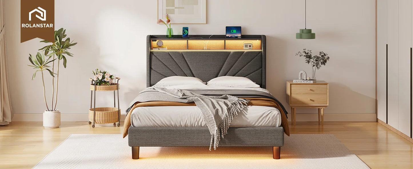 Bedframe with Storage Headboard and Upholstered with Heavy Duty Wood Slats