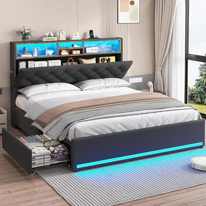 Bed Frame with 3-Tier Headboard & Hidden Storage