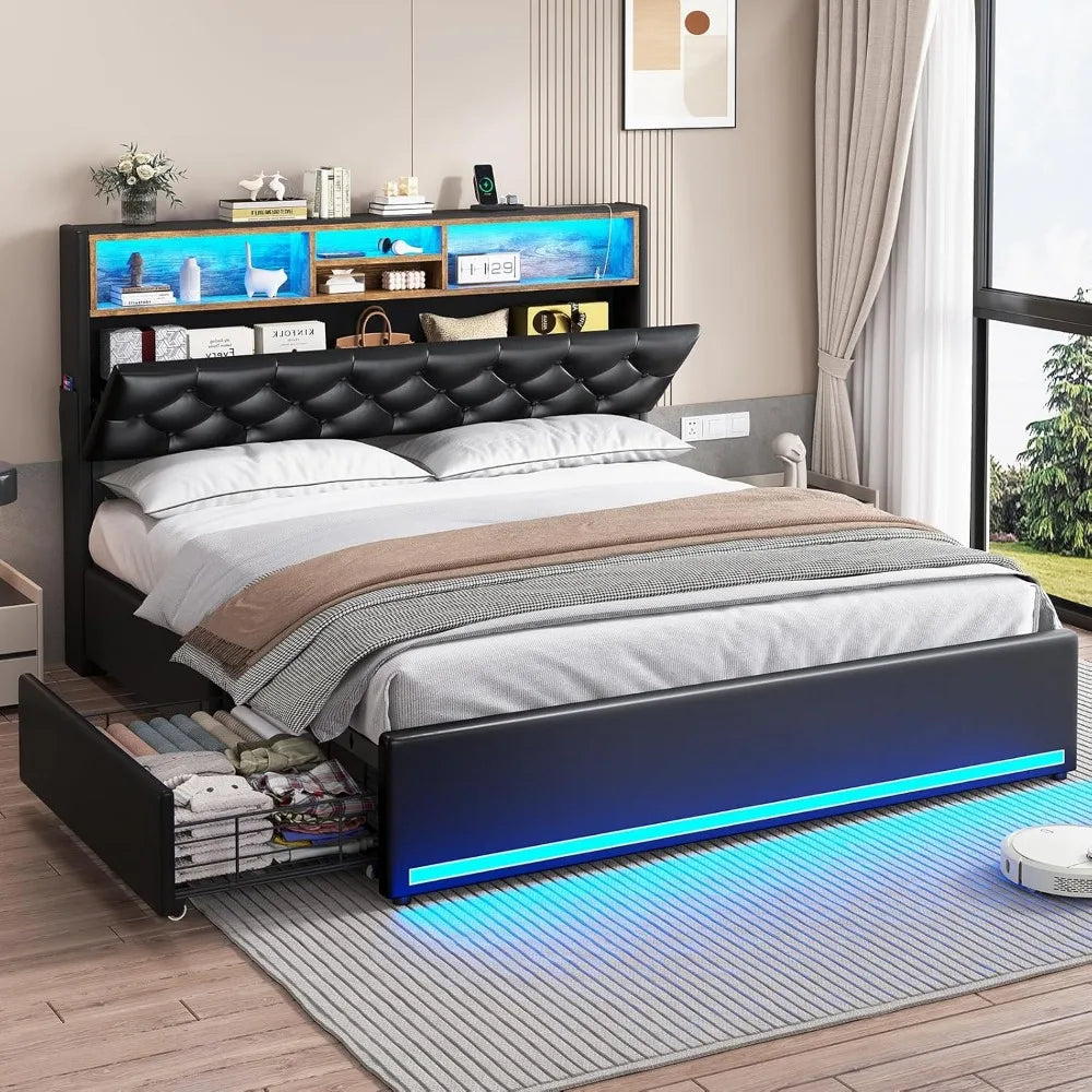 Bed Frame with 3-Tier Headboard & Hidden Storage