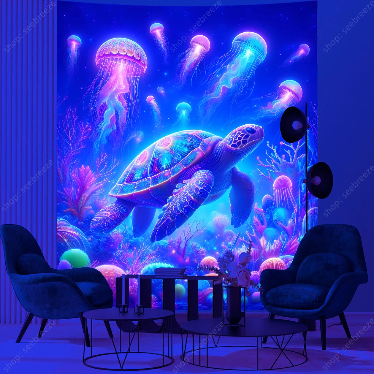 Colorful Turtle and Jellyfish UV Tapestry