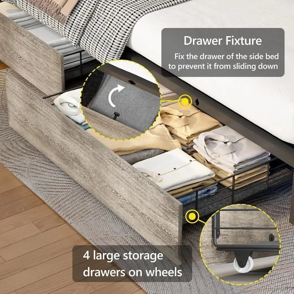 Bed Frame, with 4 Storage Drawers and Bookcase Headboard