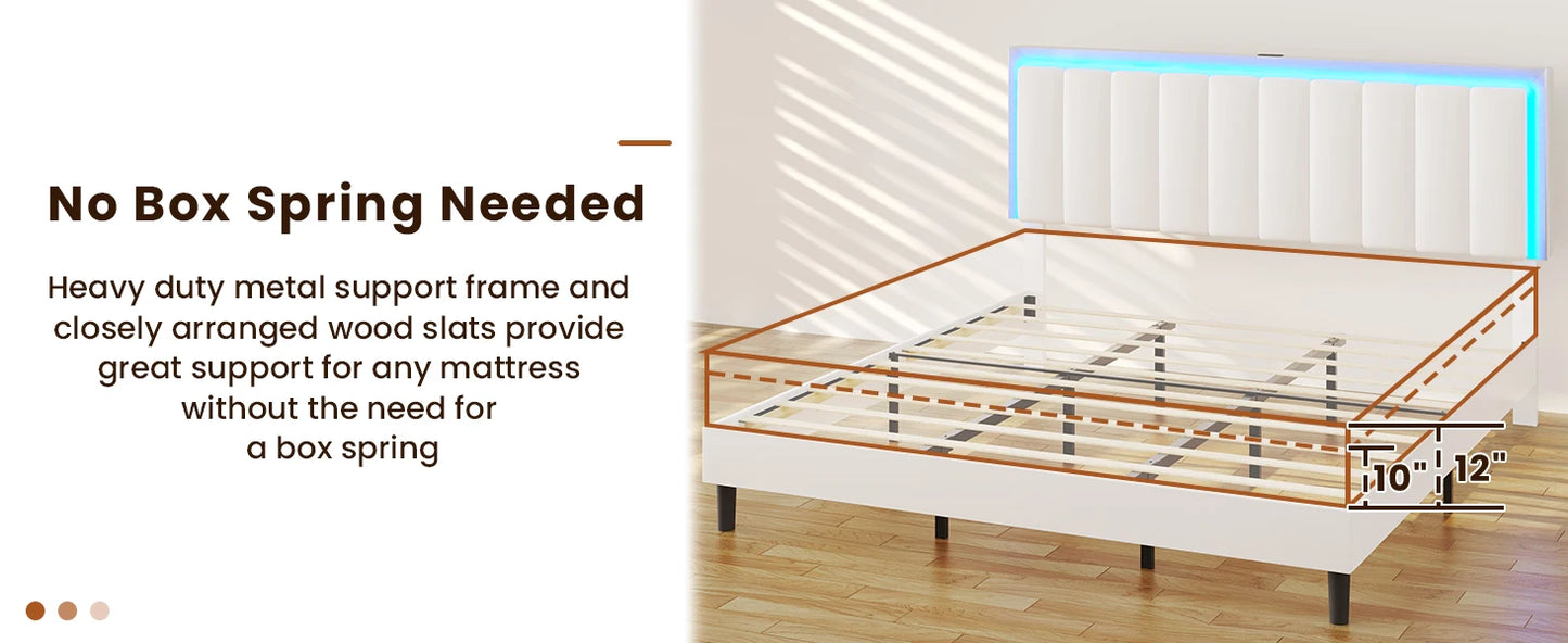 Bed Frame with Led Lights, USB Ports and Adjustable Headboard