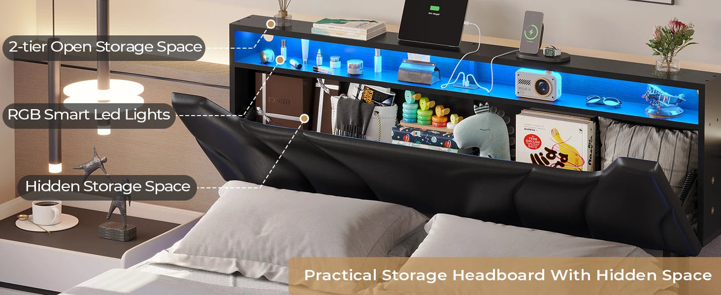 Floating LED bedframe with Storage and Charging Station