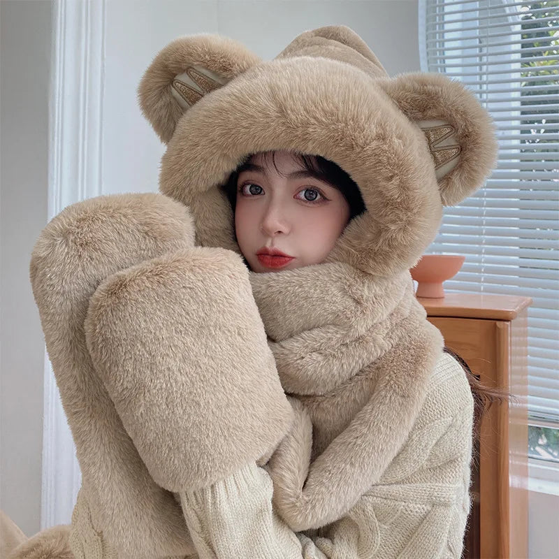 Super Thick Warm Plushie Bear Hooded Scarf