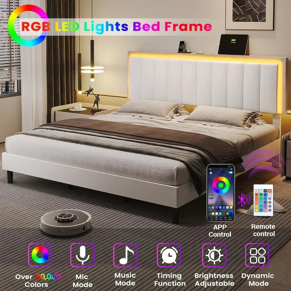 Bed Frame with Led Lights, USB Ports and Adjustable Headboard