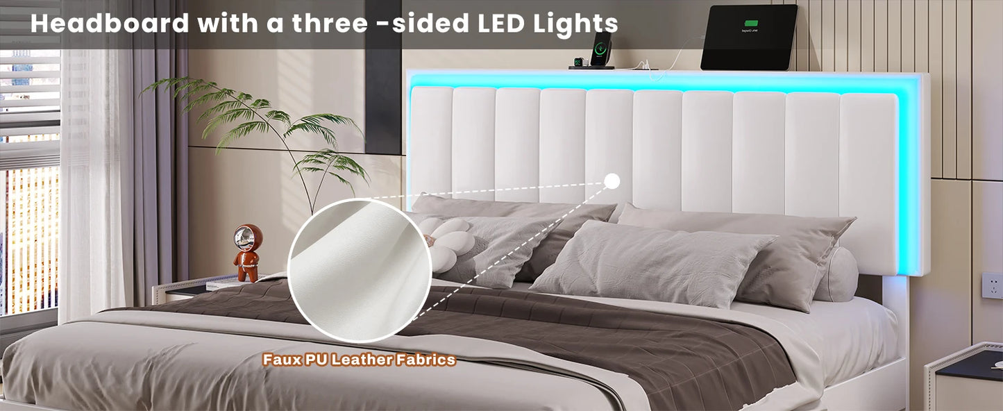 Bed Frame with Led Lights, USB Ports and Adjustable Headboard