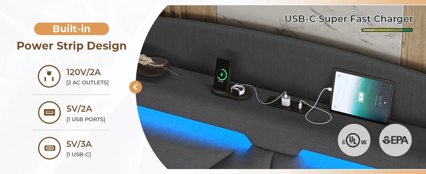 Floating Bedframe with extra Storage and Charging Station