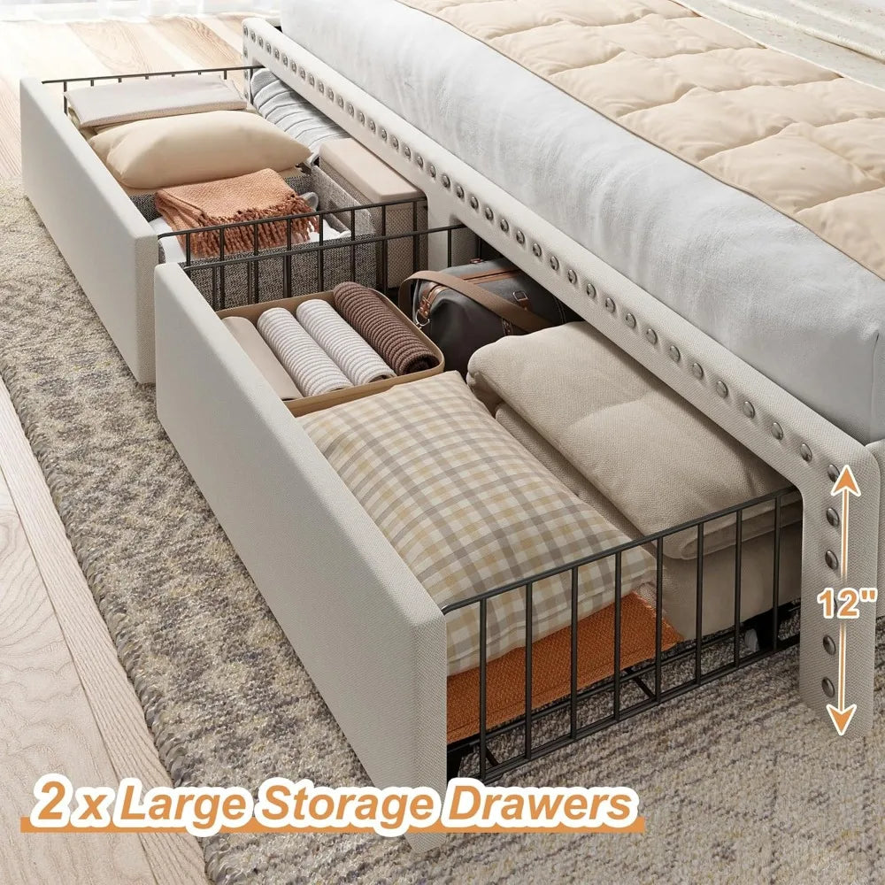 Cushion upholstered Bed Frame with 2 Drawer Storage