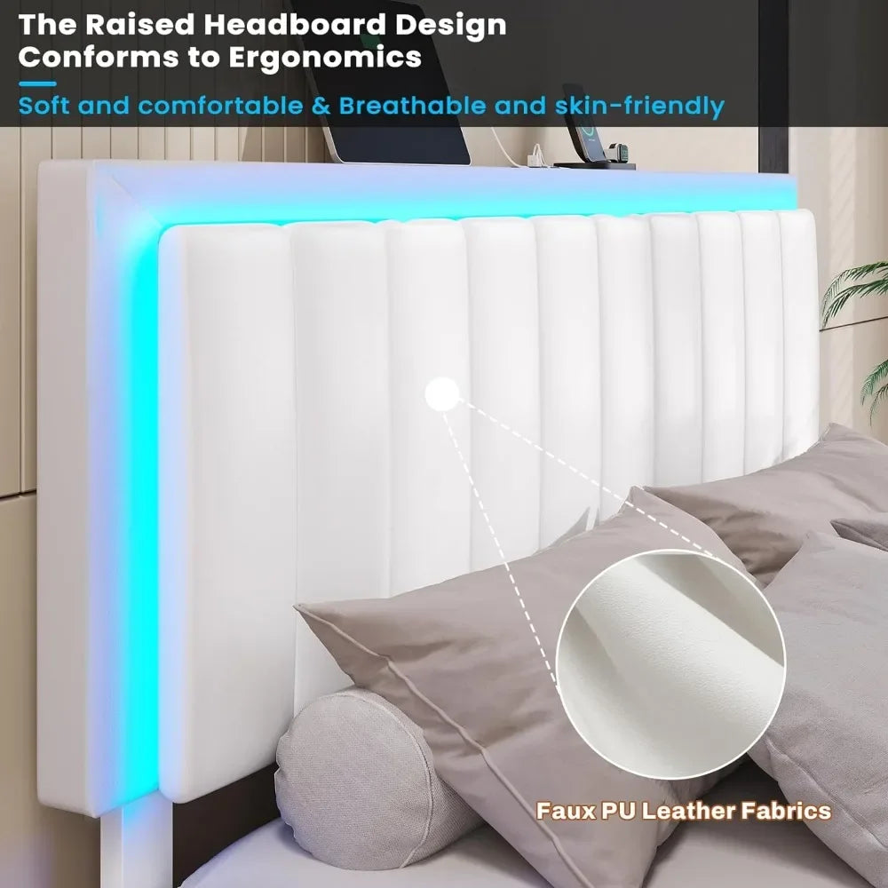 Bed Frame with Led Lights, USB Ports and Adjustable Headboard