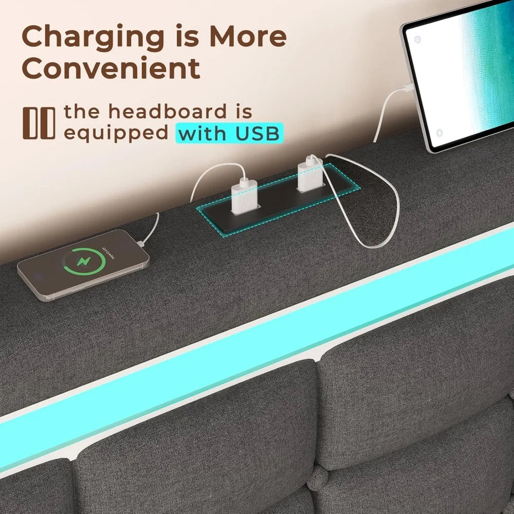 Cushy Bedframe with LED lights and charging station