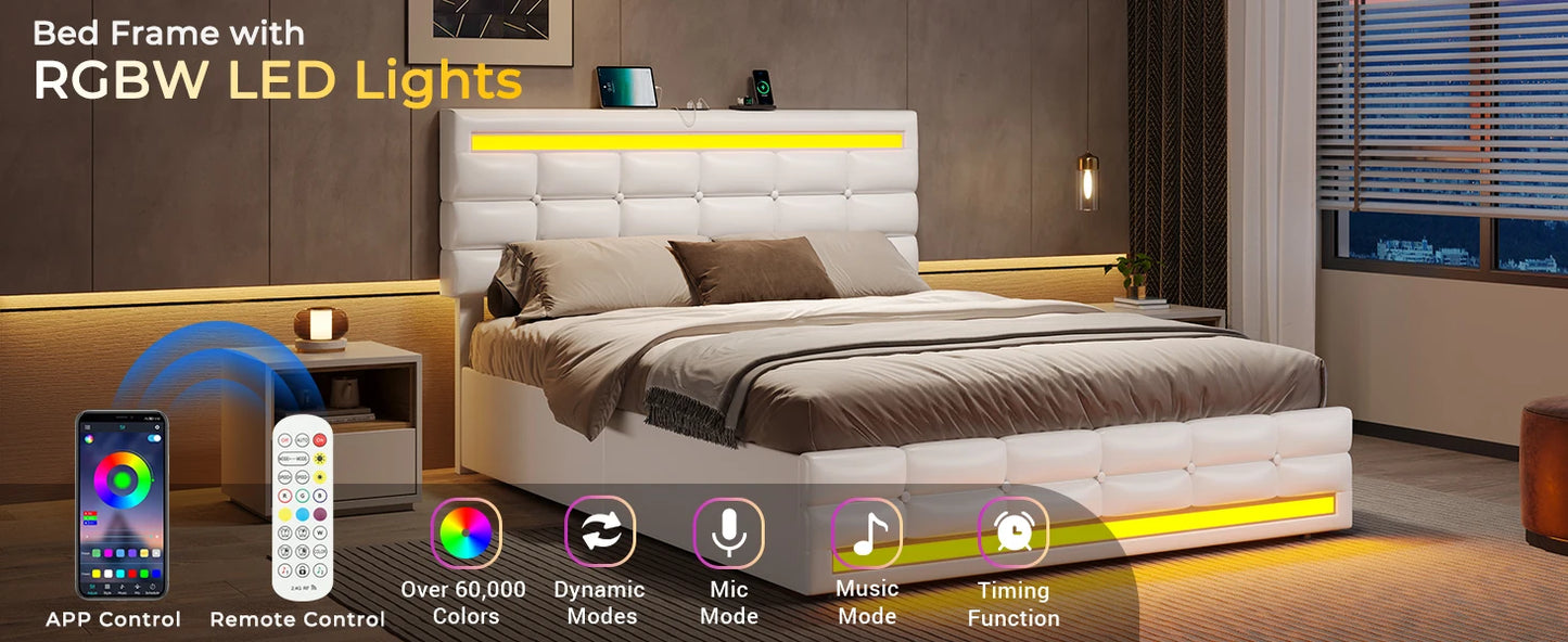 Bed Frame with Drawers & LED Lights Headboard Footboard
