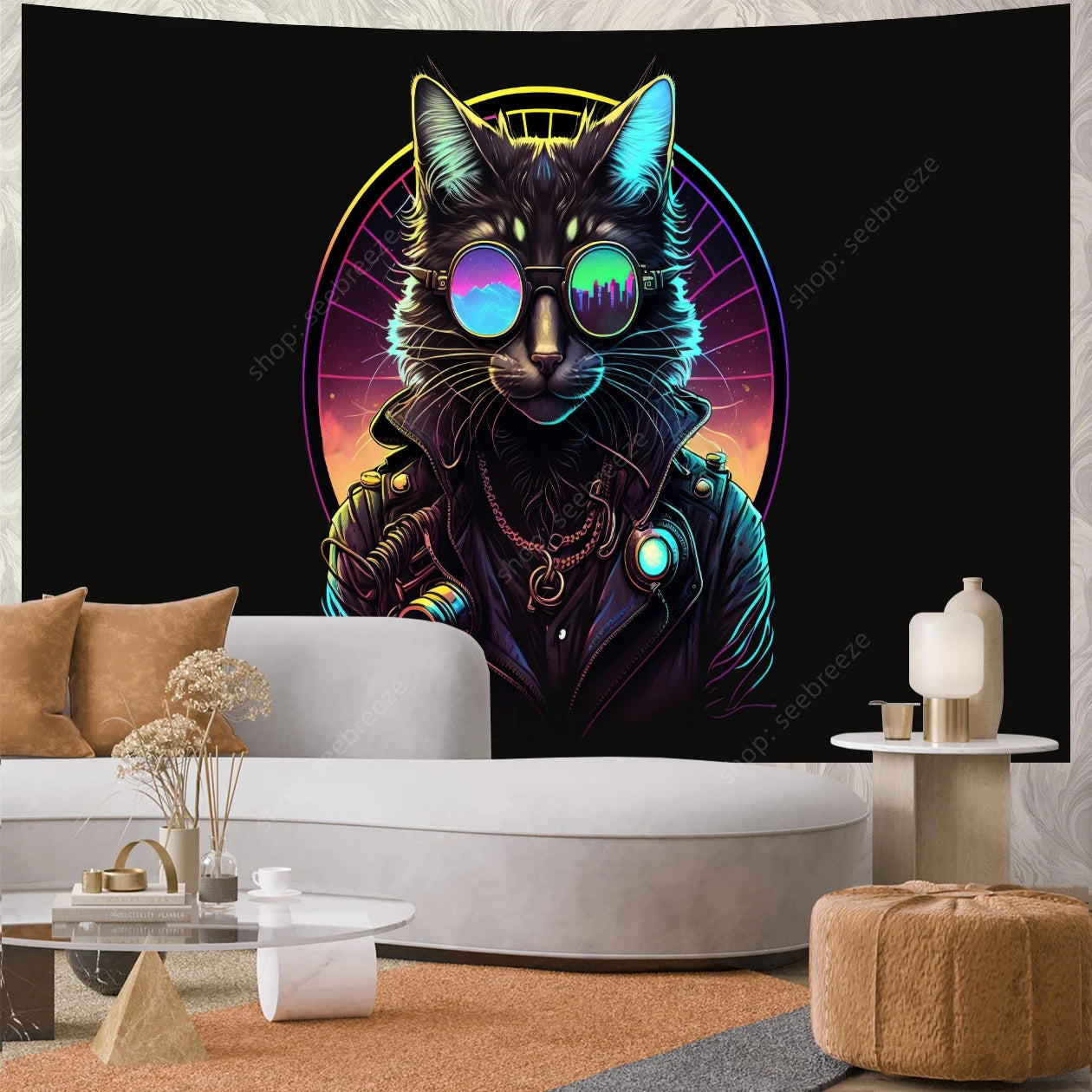Psychedelic Cute Cat UV Reactive tapestry