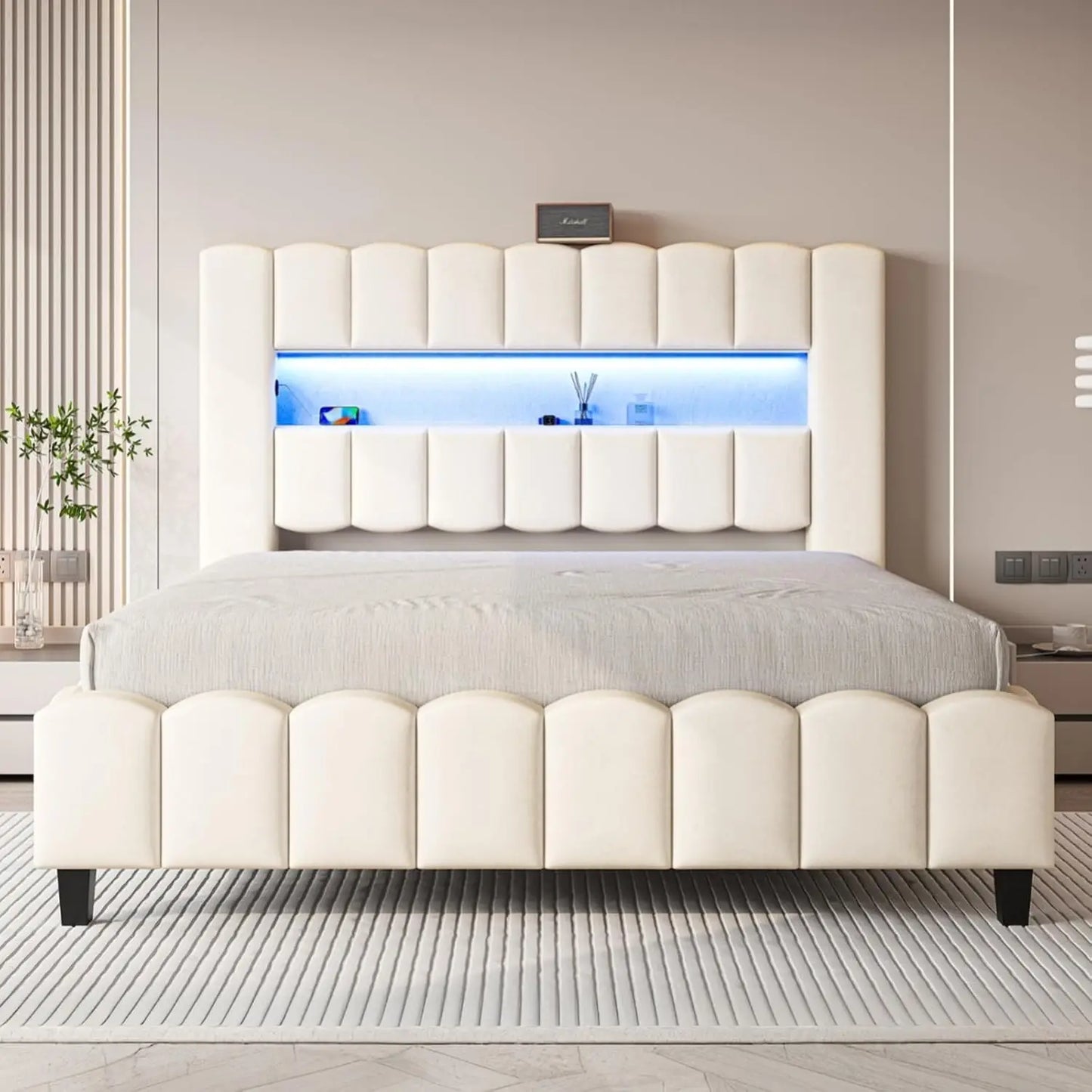 Velvet Upholstered Platform Bed Frame with Charging Station and Storage Headboard