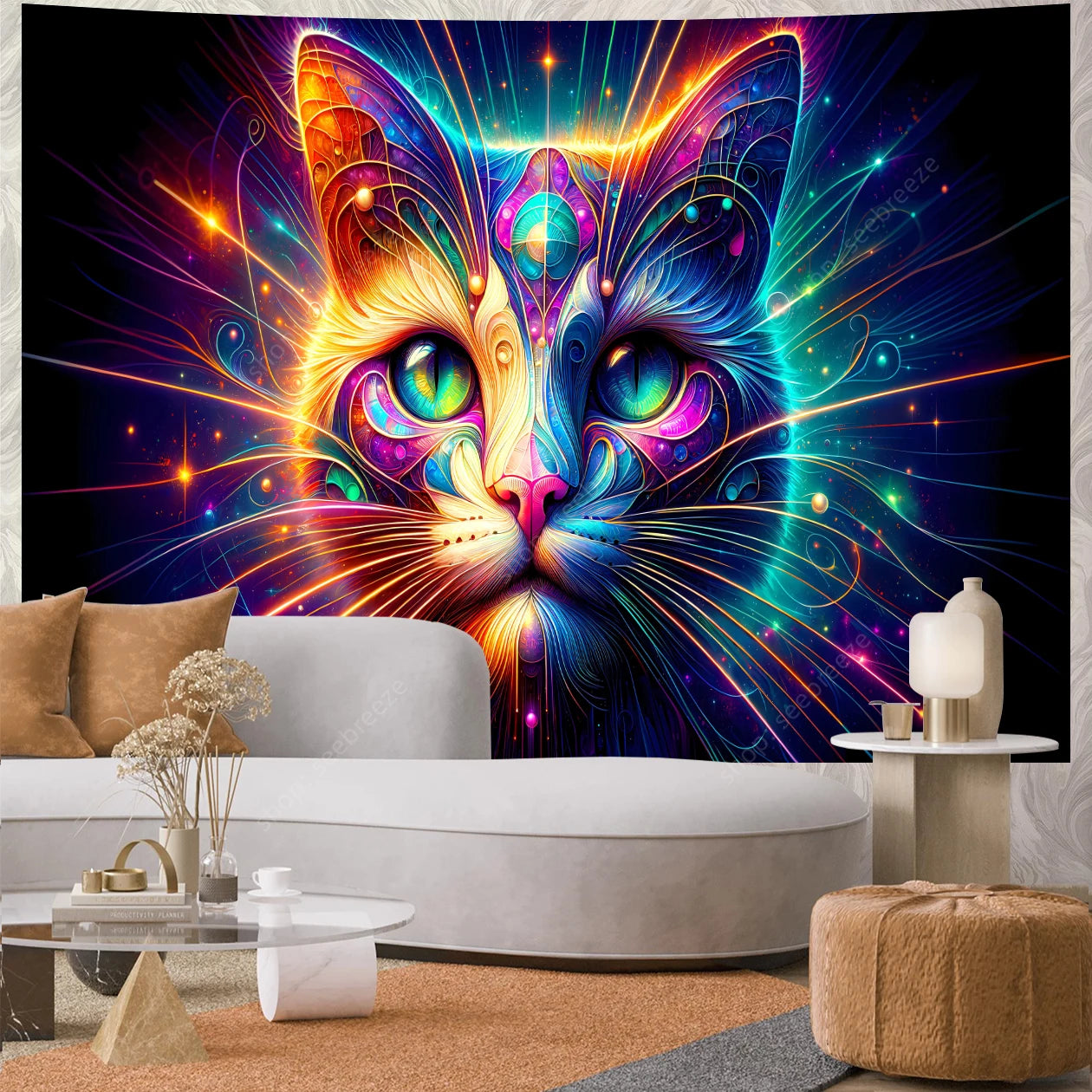 Psychedelic Cute Cat UV Reactive tapestry