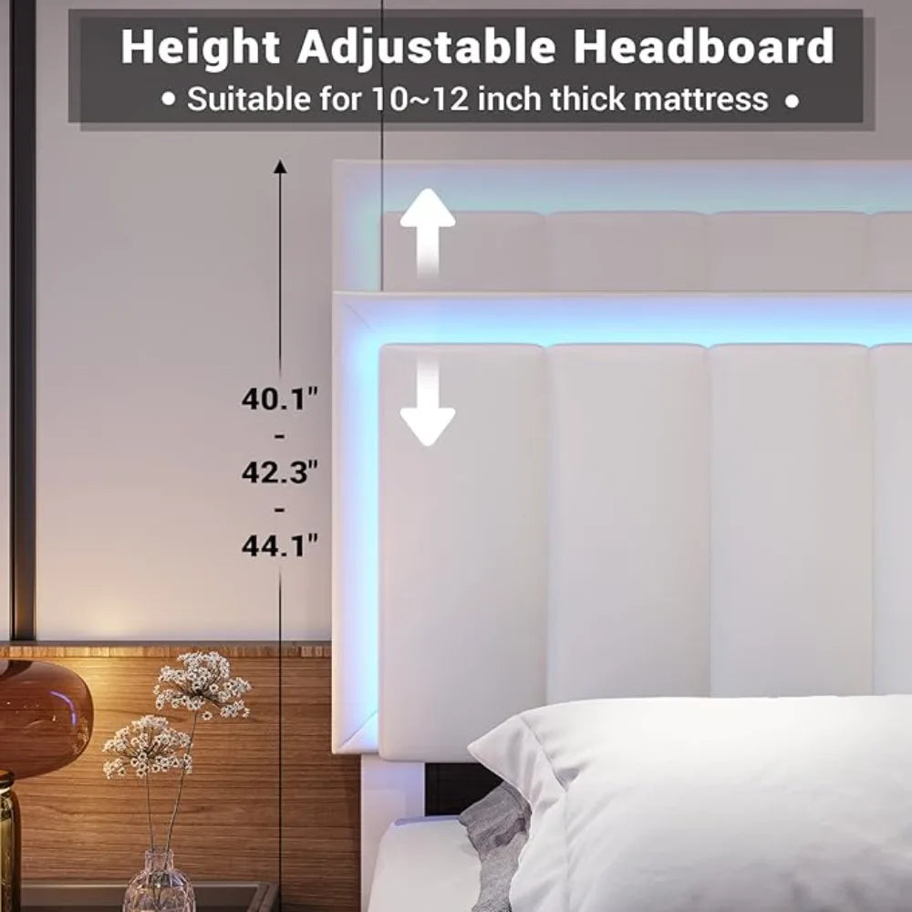 Leather Upholstered Bed Frame with 4 Storage Drawers LED Platform Bed and Charging Station