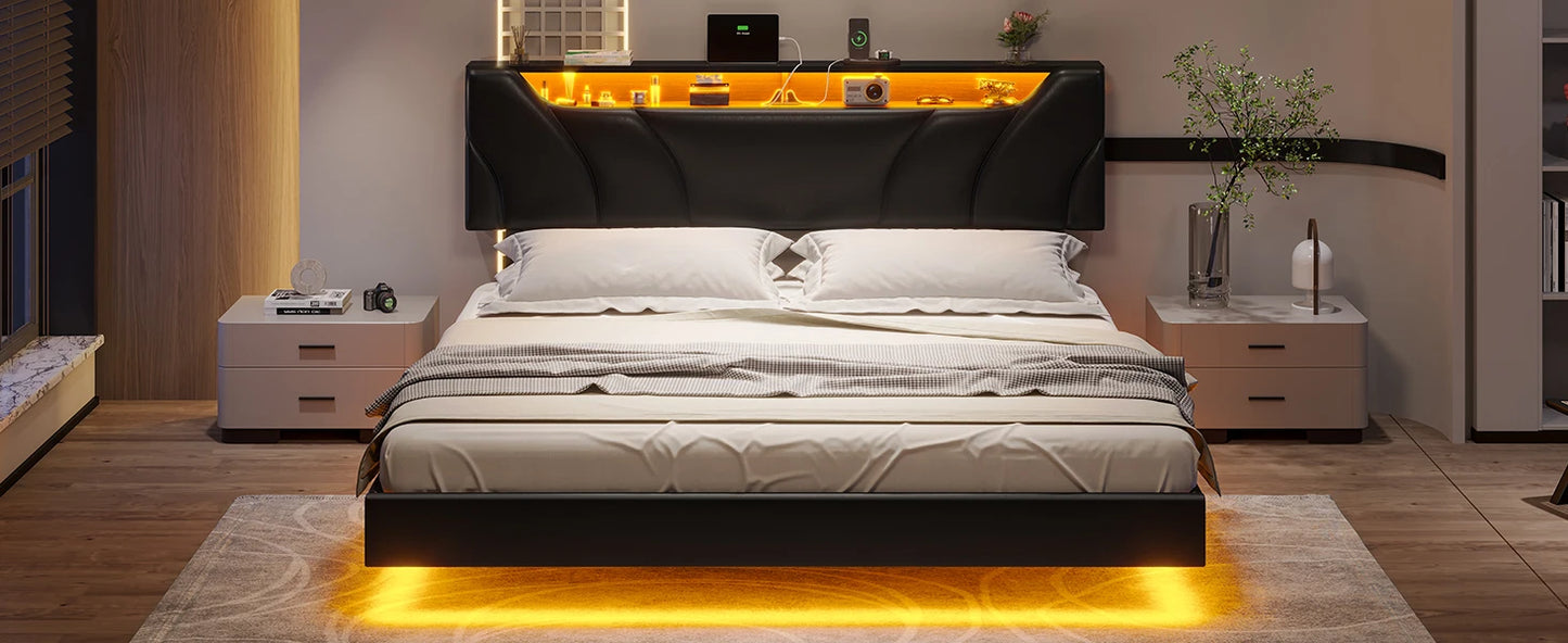 Floating LED bedframe with Storage and Charging Station