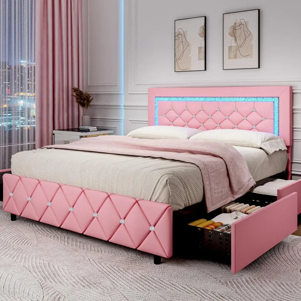 Princess style Bed Frame with Diamond Headboard and Storage