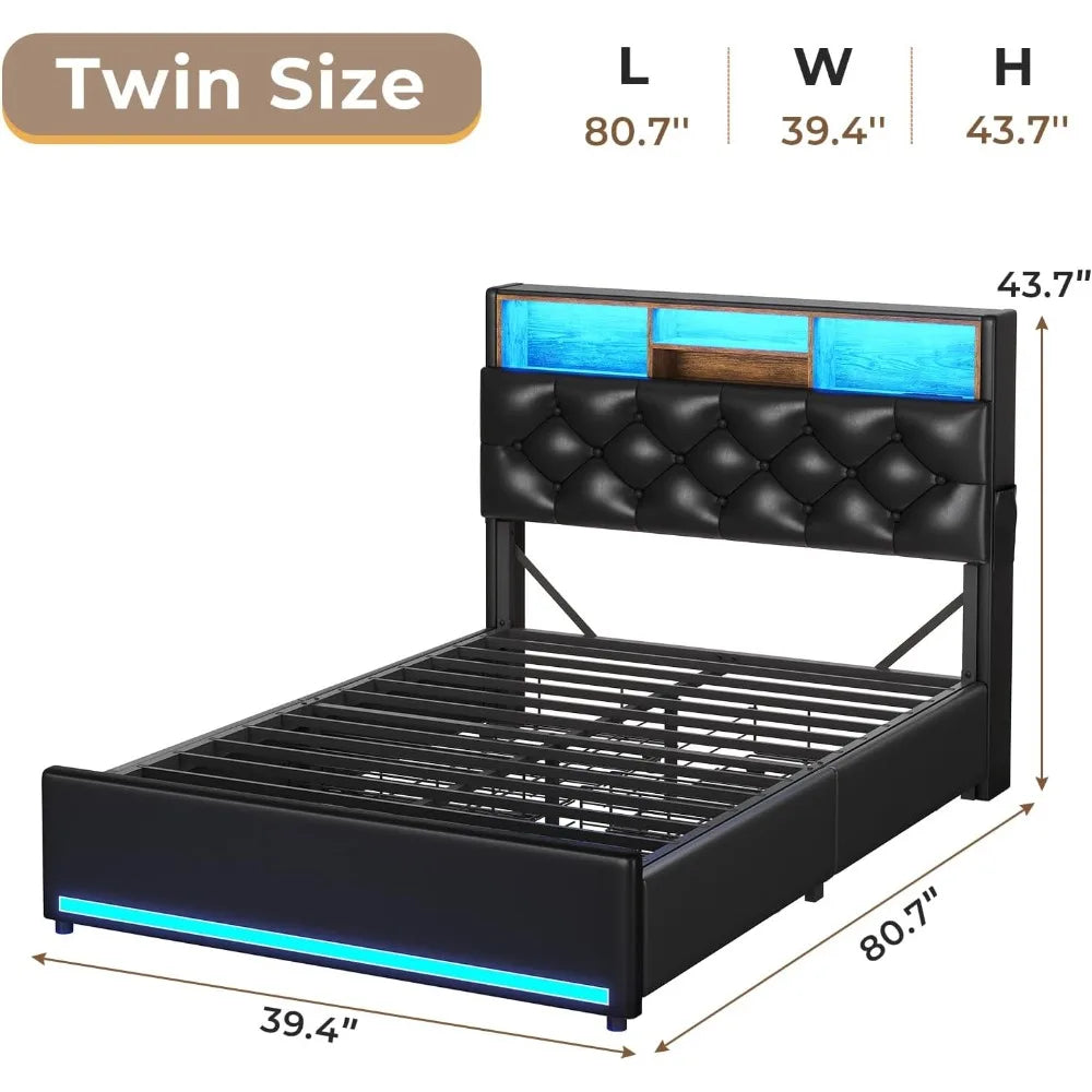 Bed Frame with 3-Tier Headboard & Hidden Storage