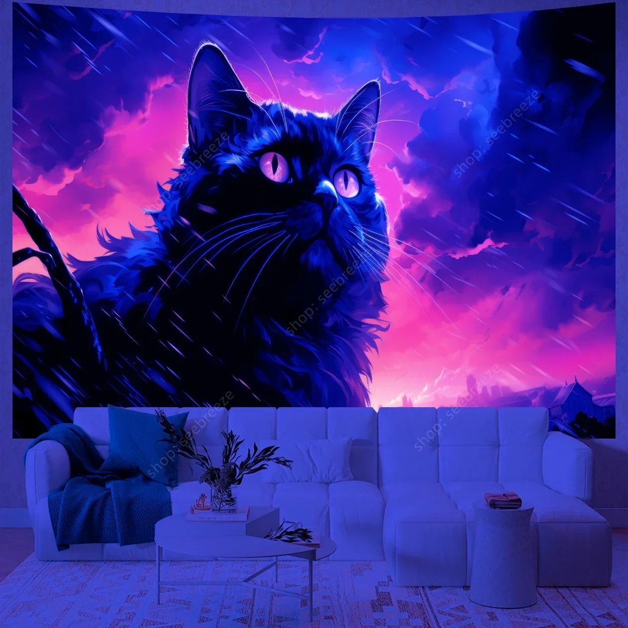 Psychedelic Cute Cat UV Reactive tapestry