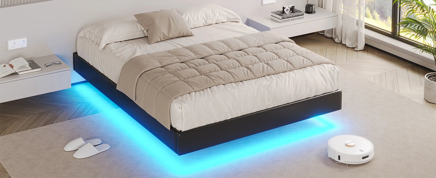 Floating LED bedframe with Storage and Charging Station