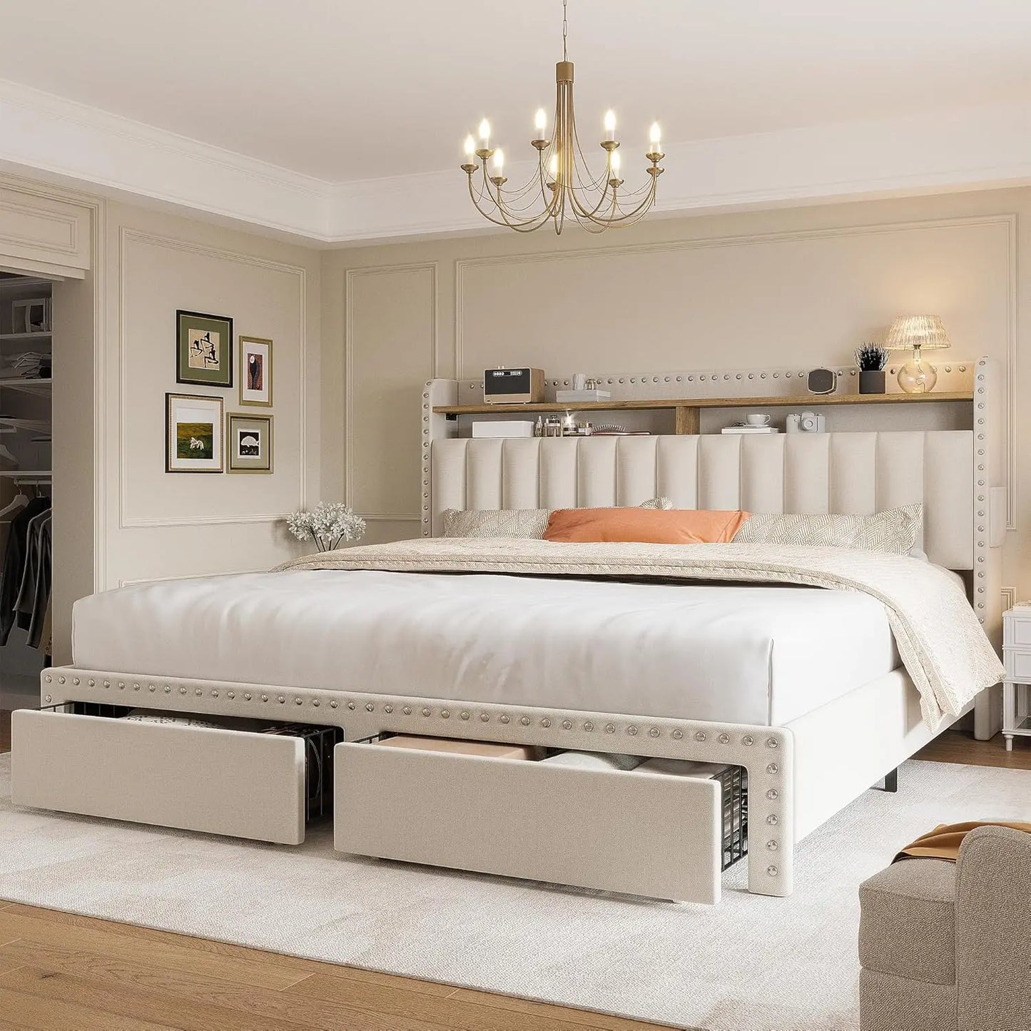 Cushion upholstered Bed Frame with 2 Drawer Storage