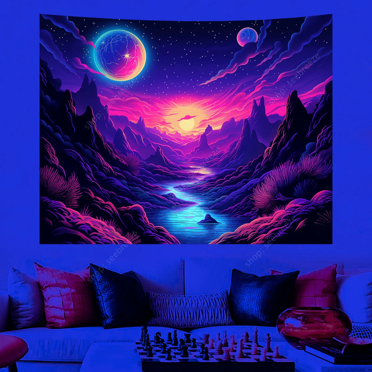 Galaxy Space Landscape UV Reactive Tapestries