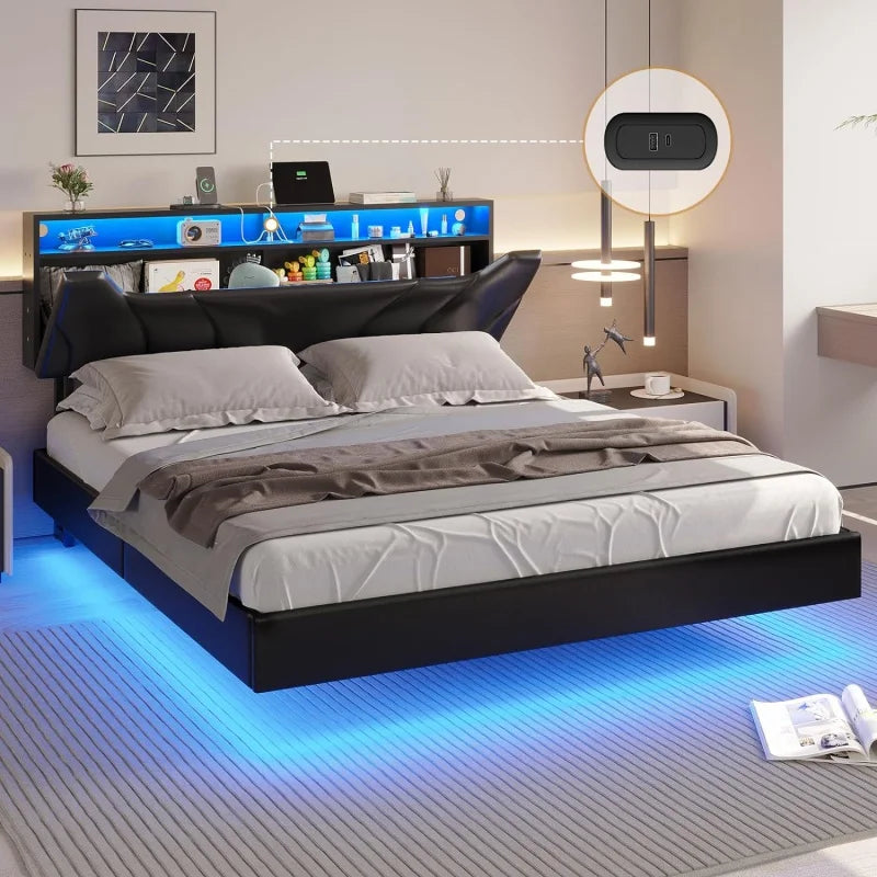 Floating LED bedframe with Storage and Charging Station