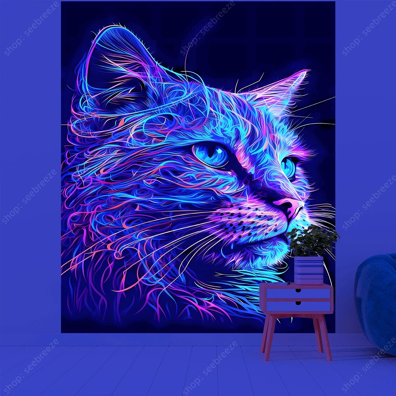 Psychedelic Cute Cat UV Reactive tapestry