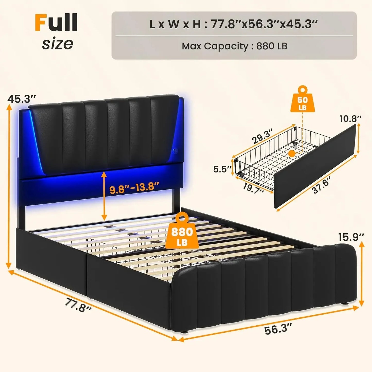 Bed Frame with 4 Storage Drawers, Led Lights & 2 USB Ports