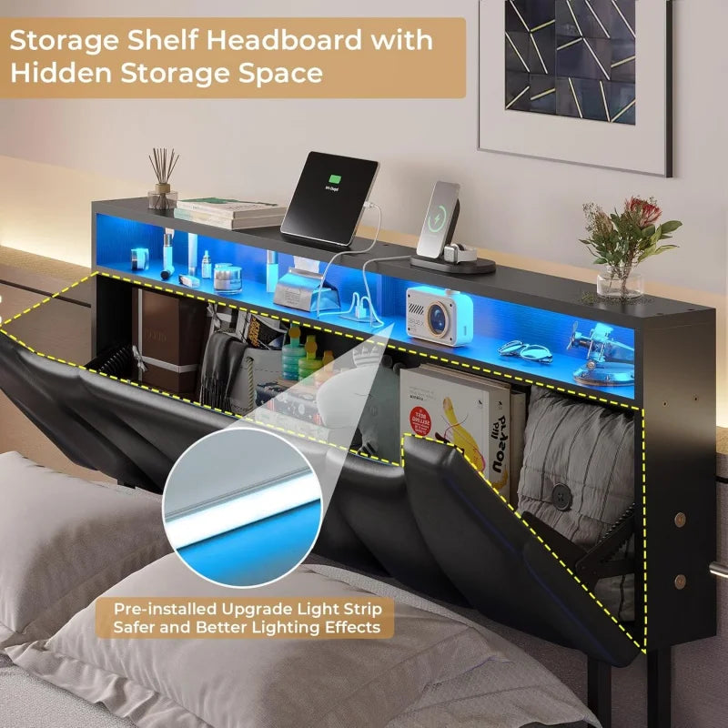 Floating LED bedframe with Storage and Charging Station